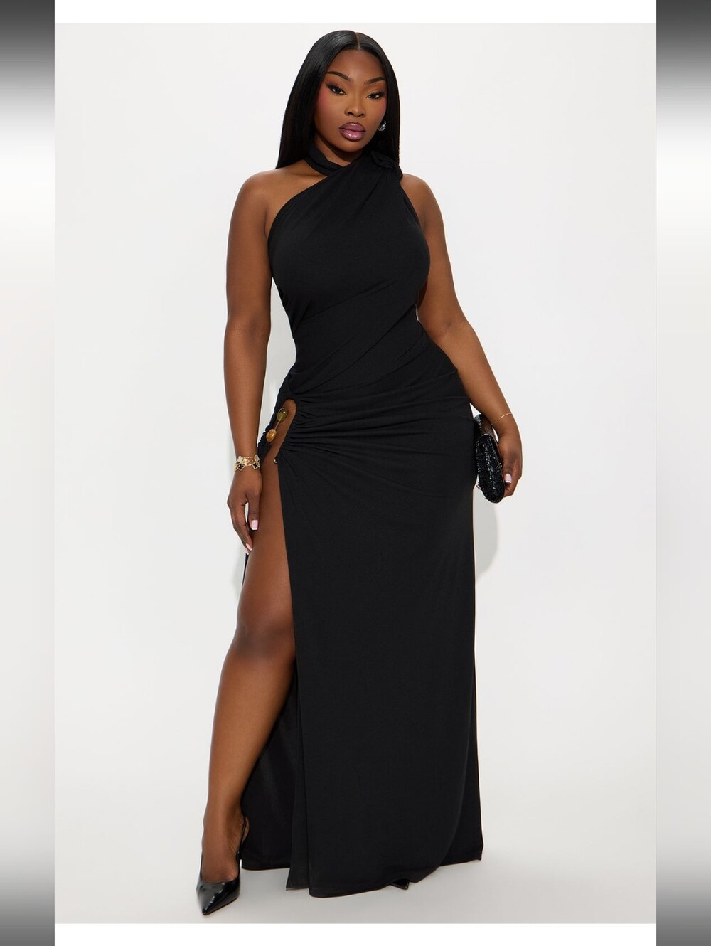 Fashion Nova Black One-Shoulder Maxi Dress with High Slit